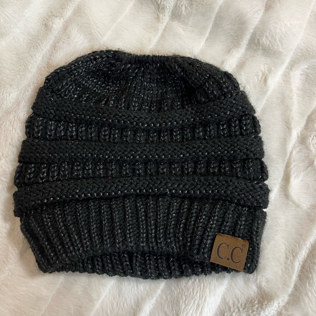 C.C Womens Black Silver Knit Ponytail Beanie Hiking Outdoor Fall Winter Os City